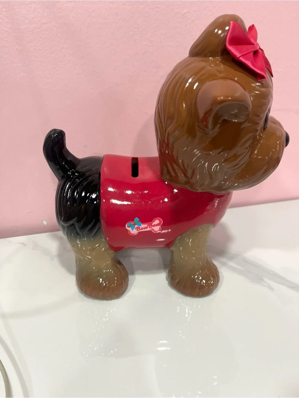 Jojo Brown & Black Dog Savings Bank with Red Outfit